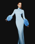 Light Blue Turtleneck Sheath Dress with Faux Fur Cuffs H6427