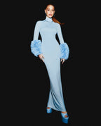 Light Blue Turtleneck Sheath Dress with Faux Fur Cuffs H6427