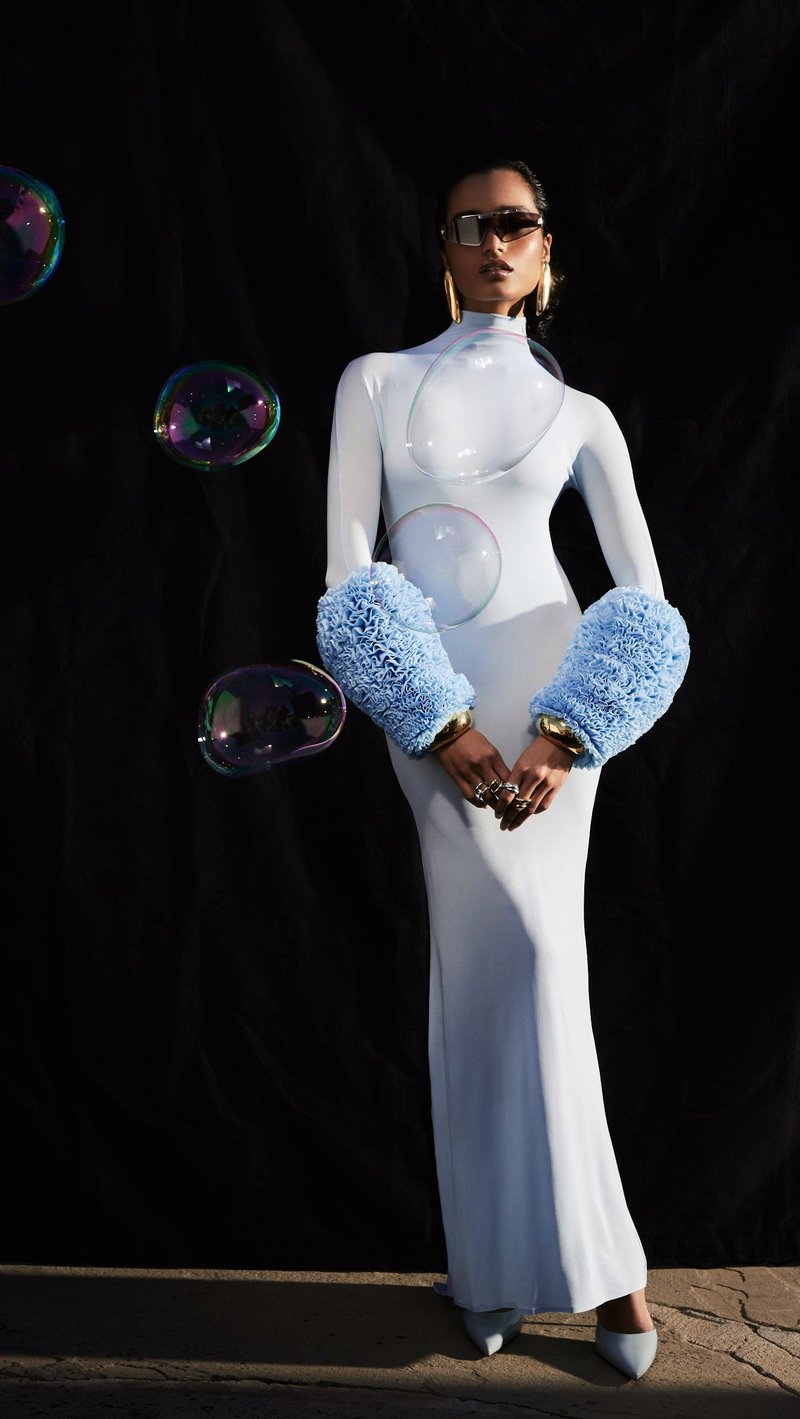 Light Blue Turtleneck Sheath Dress with Faux Fur Cuffs H6427