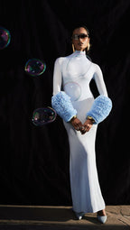 Light Blue Turtleneck Sheath Dress with Faux Fur Cuffs H6427