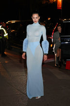 Light Blue Turtleneck Sheath Dress with Faux Fur Cuffs H6427