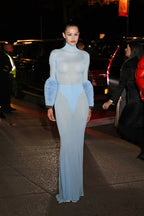 Light Blue Turtleneck Sheath Dress with Faux Fur Cuffs H6427