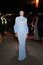 Light Blue Turtleneck Sheath Dress with Faux Fur Cuffs H6427