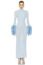 Light Blue Turtleneck Sheath Dress with Faux Fur Cuffs H6427