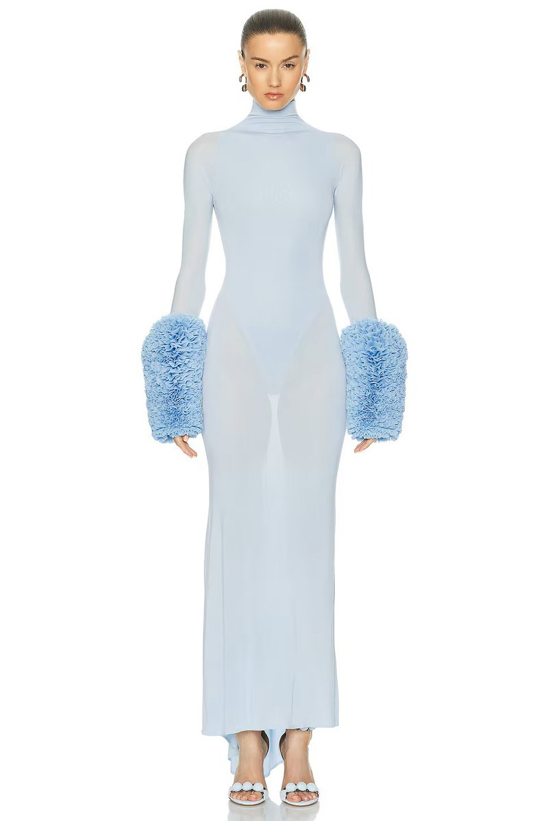 Light Blue Turtleneck Sheath Dress with Faux Fur Cuffs H6427