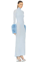 Light Blue Turtleneck Sheath Dress with Faux Fur Cuffs H6427