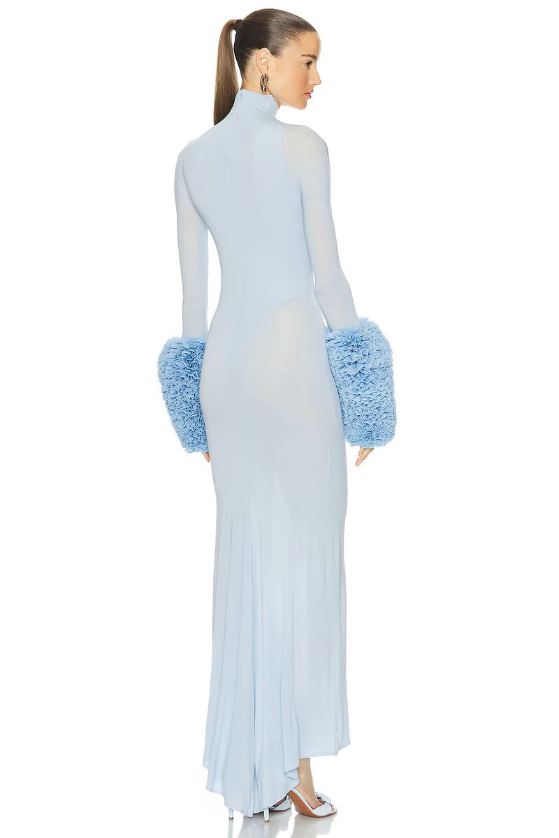 Light Blue Turtleneck Sheath Dress with Faux Fur Cuffs H6427