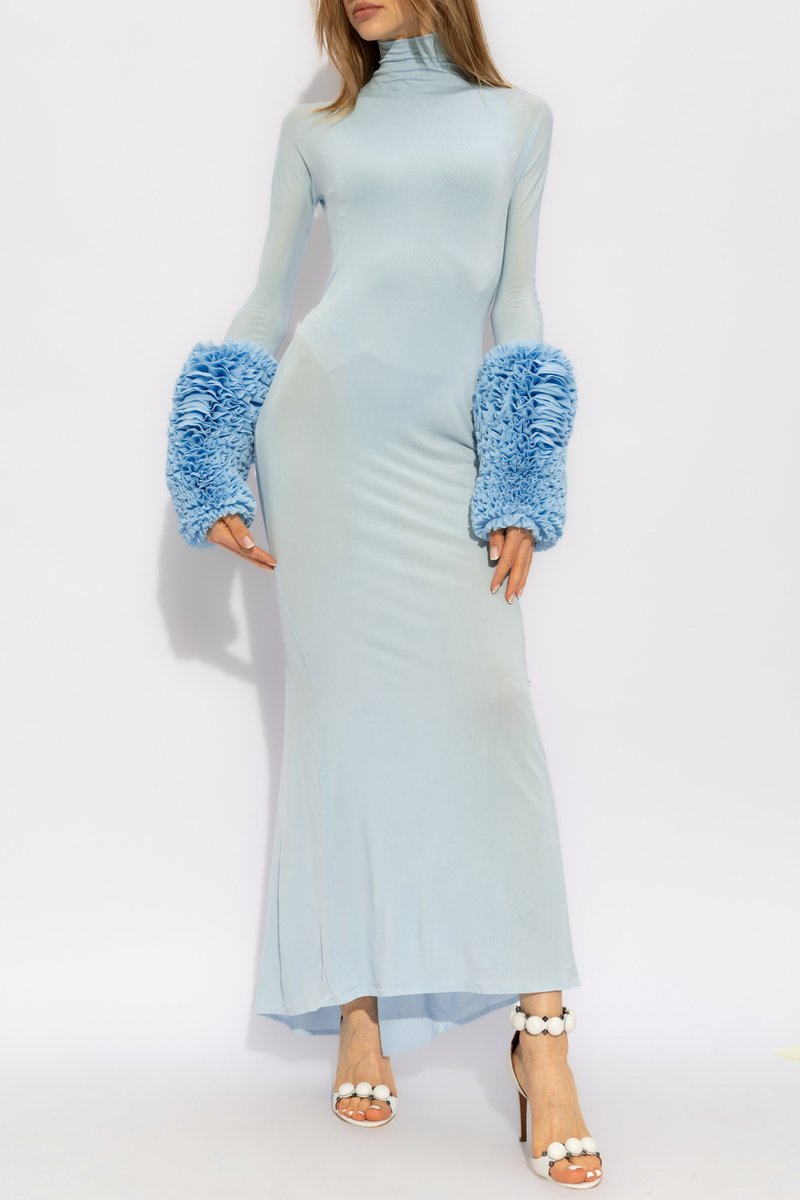 Light Blue Turtleneck Sheath Dress with Faux Fur Cuffs H6427