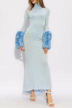 Light Blue Turtleneck Sheath Dress with Faux Fur Cuffs H6427