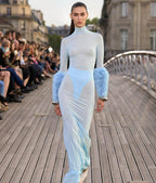 Light Blue Turtleneck Sheath Dress with Faux Fur Cuffs H6427
