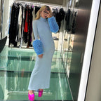 Light Blue Turtleneck Sheath Dress with Faux Fur Cuffs H6427