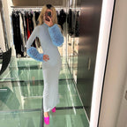 Light Blue Turtleneck Sheath Dress with Faux Fur Cuffs H6427