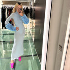 Light Blue Turtleneck Sheath Dress with Faux Fur Cuffs H6427