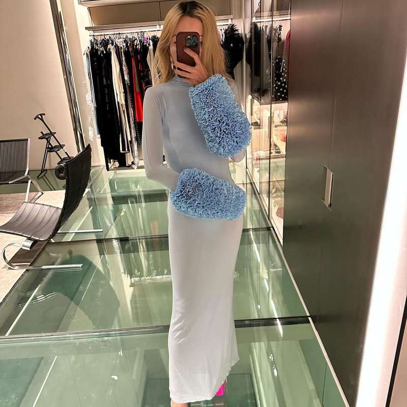 Light Blue Turtleneck Sheath Dress with Faux Fur Cuffs H6427