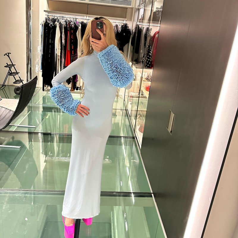 Light Blue Turtleneck Sheath Dress with Faux Fur Cuffs H6427