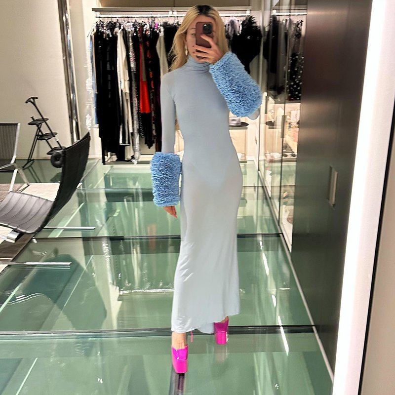 Light Blue Turtleneck Sheath Dress with Faux Fur Cuffs H6427