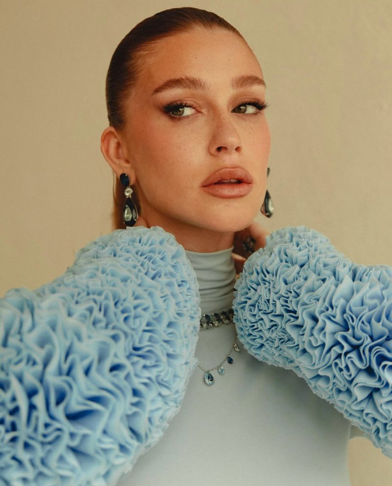 Light Blue Turtleneck Sheath Dress with Faux Fur Cuffs H6427