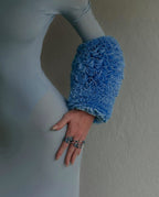 Light Blue Turtleneck Sheath Dress with Faux Fur Cuffs H6427