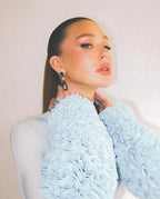 Light Blue Turtleneck Sheath Dress with Faux Fur Cuffs H6427