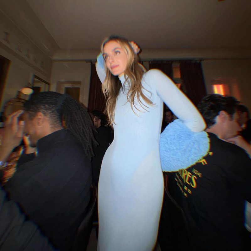 Light Blue Turtleneck Sheath Dress with Faux Fur Cuffs H6427