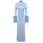 Light Blue Turtleneck Sheath Dress with Faux Fur Cuffs H6427