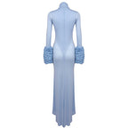 Light Blue Turtleneck Sheath Dress with Faux Fur Cuffs H6427