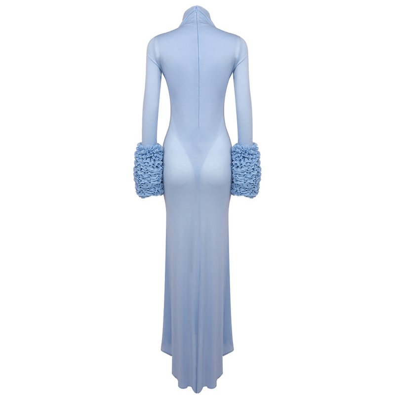 Light Blue Turtleneck Sheath Dress with Faux Fur Cuffs H6427