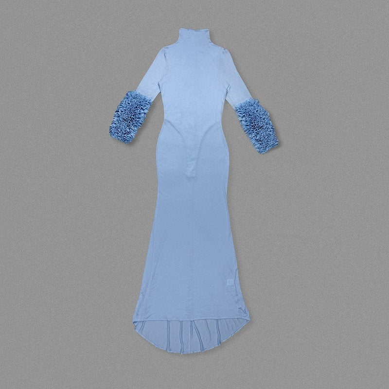 Light Blue Turtleneck Sheath Dress with Faux Fur Cuffs H6427
