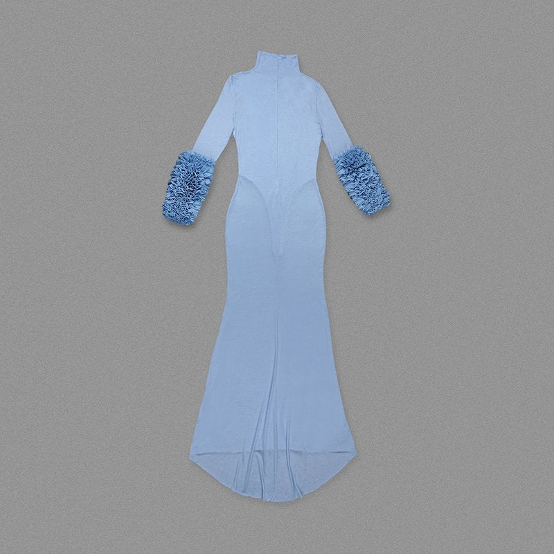 Light Blue Turtleneck Sheath Dress with Faux Fur Cuffs H6427