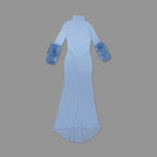 Light Blue Turtleneck Sheath Dress with Faux Fur Cuffs H6427
