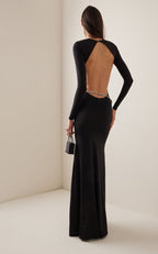 Long Sleeve Crystal Belt Maxi Dress H6132