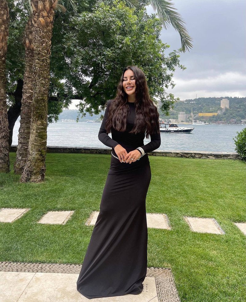 Long Sleeve Crystal Belt Maxi Dress H6132