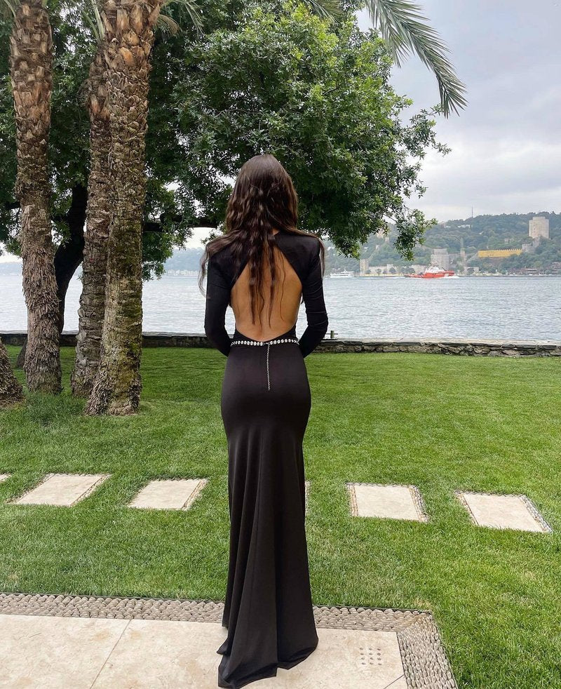 Long Sleeve Crystal Belt Maxi Dress H6132