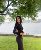 Long Sleeve Crystal Belt Maxi Dress H6132