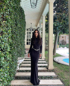 Long Sleeve Crystal Belt Maxi Dress H6132