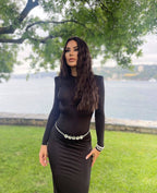 Long Sleeve Crystal Belt Maxi Dress H6132