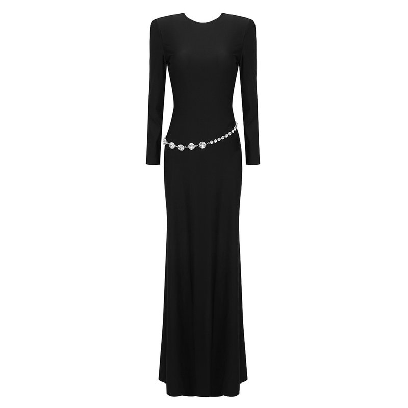 Long Sleeve Crystal Belt Maxi Dress H6132
