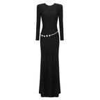 Long Sleeve Crystal Belt Maxi Dress H6132
