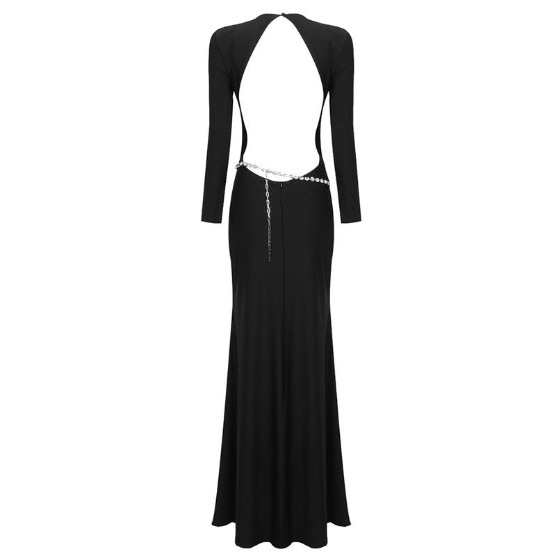 Long Sleeve Crystal Belt Maxi Dress H6132