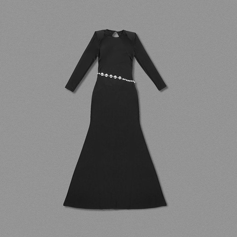 Long Sleeve Crystal Belt Maxi Dress H6132