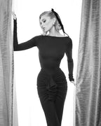 Long Sleeve Ruched Black Bodycon Dress H6168