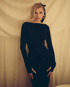 Long Sleeve Ruched Black Bodycon Dress H6168