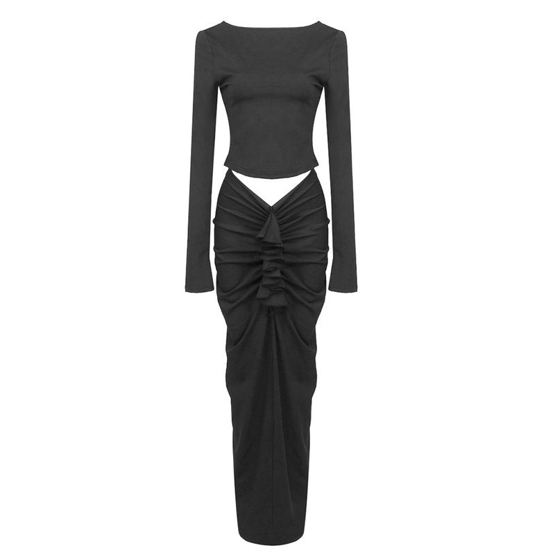 Long Sleeve Ruched Black Bodycon Dress H6168