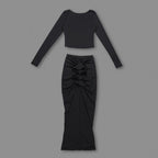 Long Sleeve Ruched Black Bodycon Dress H6168