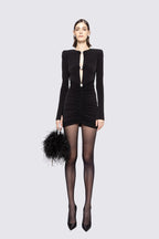 Long Sleeve Ruched Black Mini Dress H6660