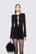 Long Sleeve Ruched Black Mini Dress H6660