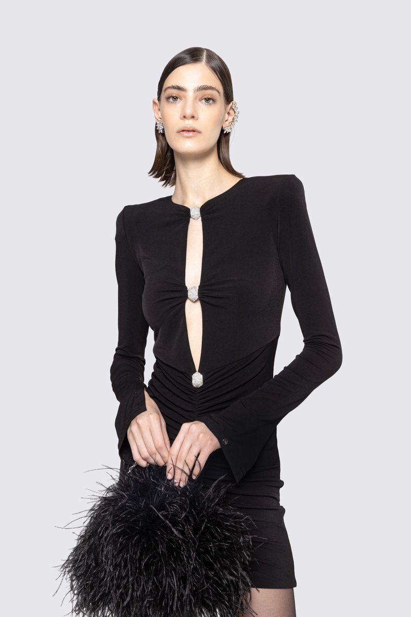 Long Sleeve Ruched Black Mini Dress H6660