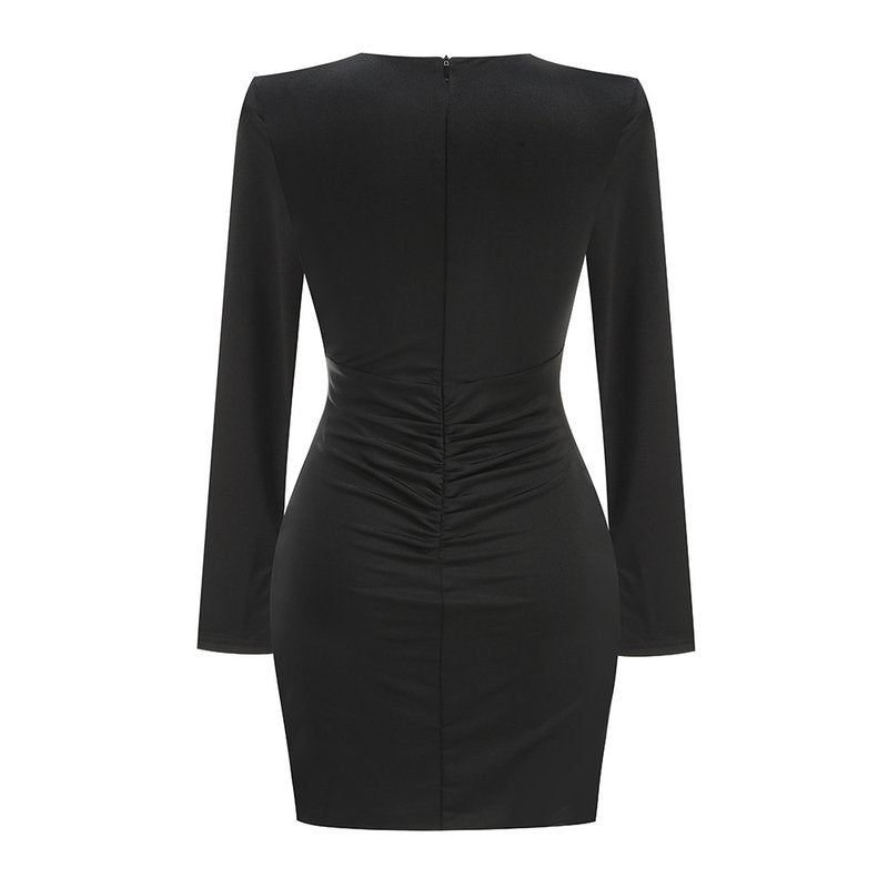 Long Sleeve Ruched Black Mini Dress H6660
