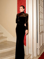 Long Sleeve Velvet Sheer Panel Gown H7132