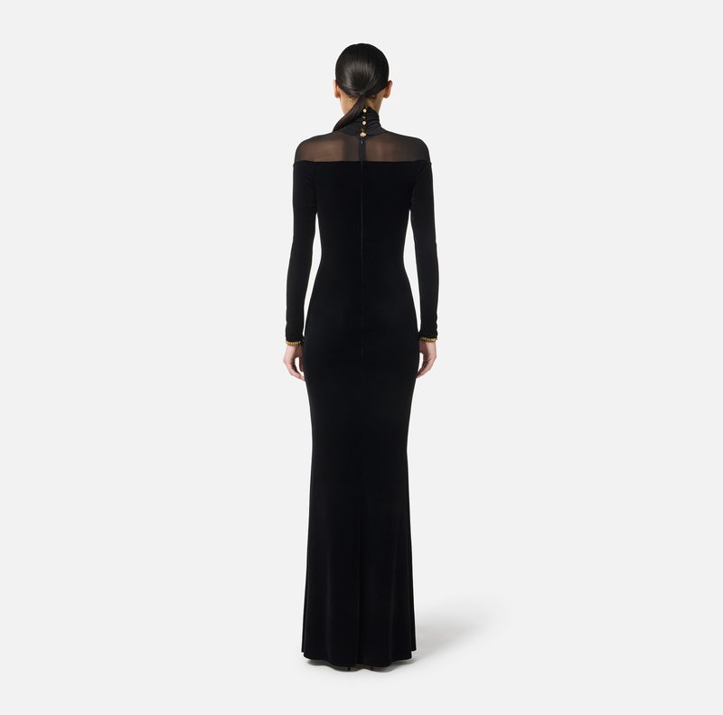 Long Sleeve Velvet Sheer Panel Gown H7132
